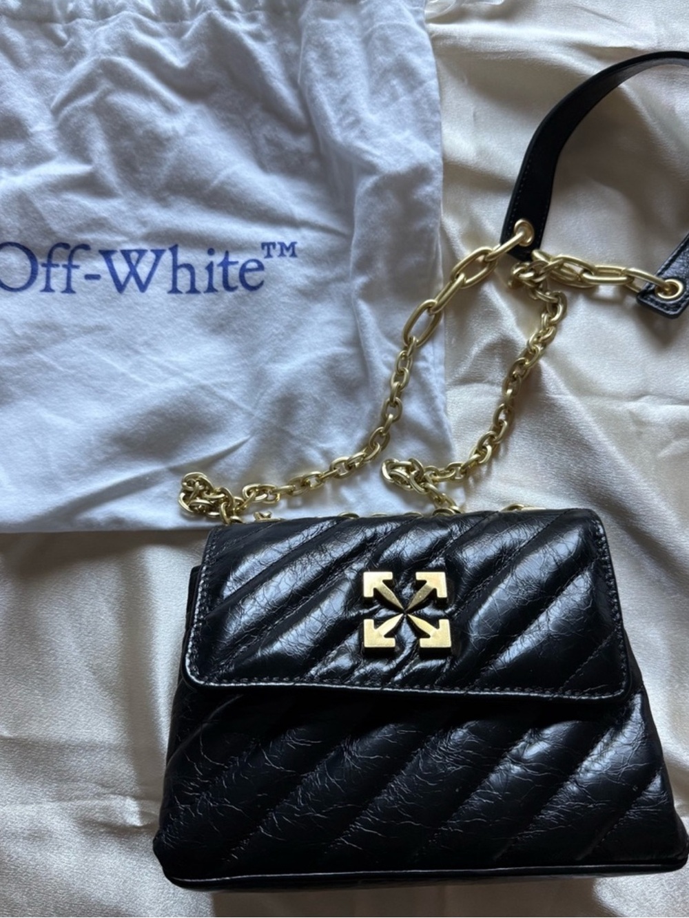 Off-White Black Quilted Leather Mini Bag with Gold Arrow Logo